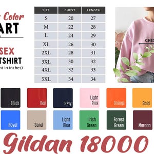 Puede incluir: Tabla de tallas y colores para una sudadera unisex, con medidas en pulgadas. La tabla incluye tallas S a 5XL, medidas de pecho de 51 a 86 cm y largos de 69 a 86 cm. Muestras de color: blanco, negro, rojo, azul marino y m&aacute;s.