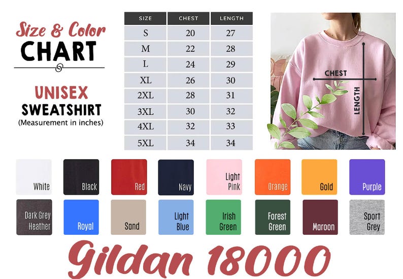 Puede incluir: Tabla de tallas y colores para una sudadera unisex, con medidas en pulgadas. La tabla incluye tallas S a 5XL, medidas de pecho de 51 a 86 cm y largos de 69 a 86 cm. Muestras de color: blanco, negro, rojo, azul marino y m&aacute;s.