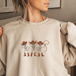Embroidered Cowboy Skeletons Sweatshirt - Dainty Dancing Skeletons Sweatshirt - Spooky Halloween Sweater - Spooky Season Gift For Friend