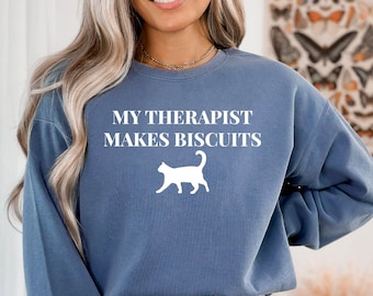Sudadera con el mensaje "Mi terapeuta hace galletas", suéter con un lindo gato haciendo galletas, sudadera con un regalo para los amantes de los gatos, sudadera con un divertido mensaje "Gato haciendo galletas"