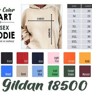 Puede incluir: Imagen de una sudadera con capucha unisex con una tabla de tallas y colores. La tabla muestra las medidas de pecho y largo en pulgadas. Las muestras de color incluyen blanco, negro, rojo, azul marino y m&aacute;s. La marca "Gildan 18500" tambi&eacute;n es visible.