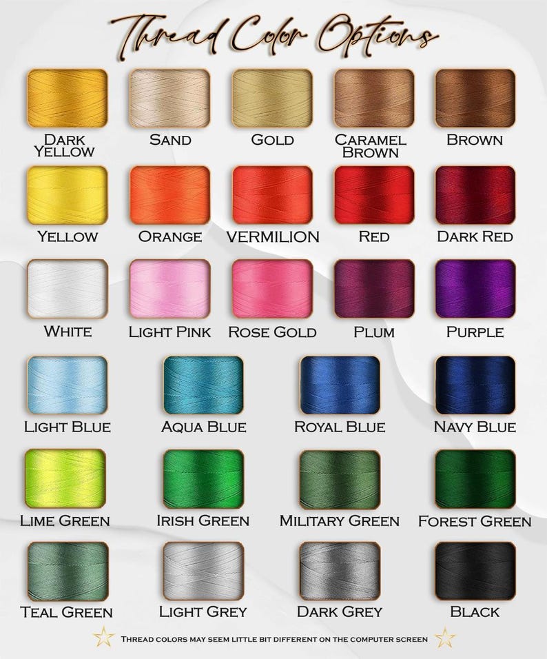 Puede incluir: Una carta de colores que muestra las opciones de color del hilo. La carta incluye una variedad de colores como amarillo, naranja, rojo, rosa, morado, azul, verde, gris y negro. El texto "Thread Color Options" est&aacute; en la parte superior.