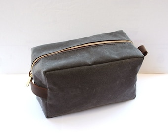 Gewaxt canvas en lederen Dopp Kit, scheertas, make-uptas