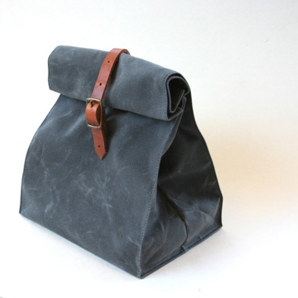 Charcoal Gray Waxed Canvas Lunch Bag Tote with adjustable leather shoulder strap, overlap