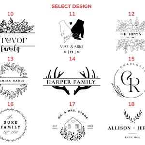 May include: A selection of black and white design options for personalized items. Designs include floral arrangements, family names, and dates. The text includes names like Trevor, May & Mike, The Tony's, Samira Hadid, Harper Family, The Duke Family, Mr. & Mrs. Stone, Charlotte & Ryan, and Allison + Jeremy.
