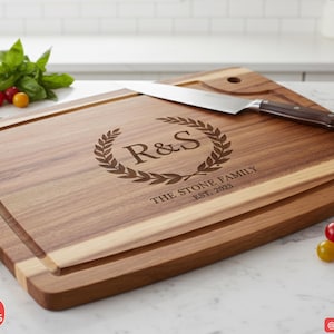 Custom Kitchen Cutting Board Personalized Engraving Acacia Wood Construction Juice Groove Design Practical Handle Cutout Food Grade Oil Finish Durable Cooking Surface Premium Quality Material Elegant Serving Platter Charcuterie Board