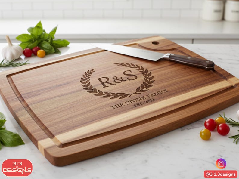 Custom Kitchen Cutting Board Personalized Engraving Acacia Wood Construction Juice Groove Design Practical Handle Cutout Food Grade Oil Finish Durable Cooking Surface Premium Quality Material Elegant Serving Platter Charcuterie Board