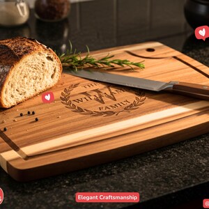 Personalized Cutting Board Wedding Gift Custom Engraved Acacia Wood Anniversary Present Monogram Design Family Name Engraving Kitchen Accessory Juice Groove Handle Cutout Rustic Wooden Serving Platter Unique Couple Gift Handcrafted Quality
