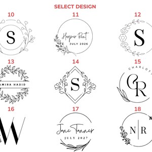 May include: A selection of nine black and white design options, each featuring floral or botanical elements. Designs include initials, names, and dates, perfect for personalized items.