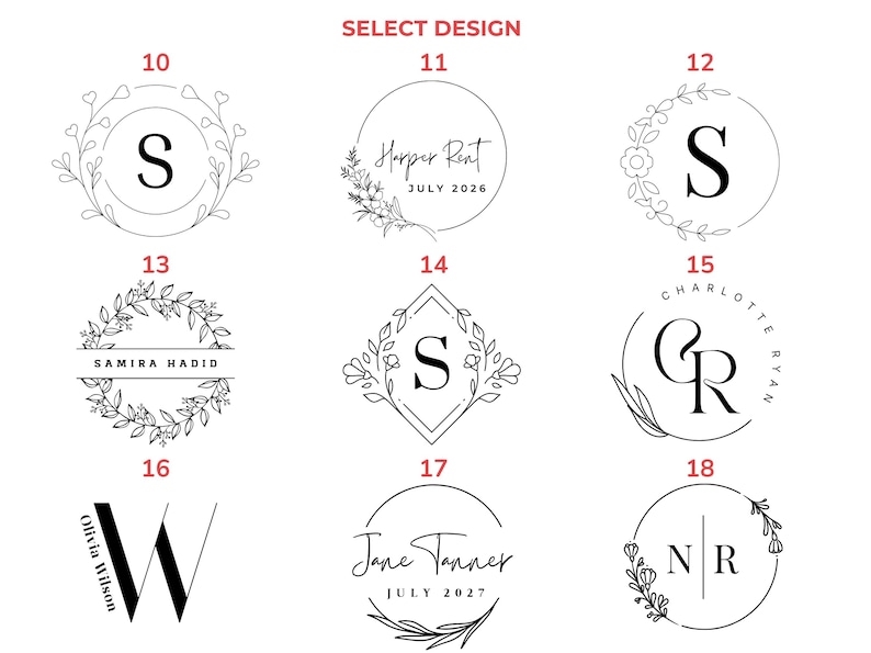 May include: A selection of nine black and white design options, each featuring floral or botanical elements. Designs include initials, names, and dates, perfect for personalized items.