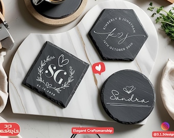 Personalized Slate Coasters: Wedding Favor, Couple Gift, Home Bar Decor, Slate Stone Drink Protection Name Engraved
