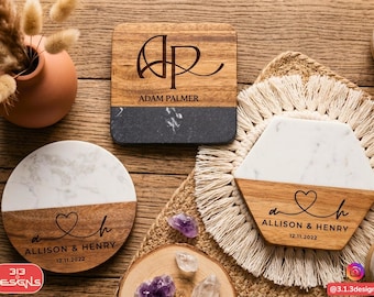 Personalized Marble Wood Coasters, Custom Engraved Set, Housewarming Wedding Gift