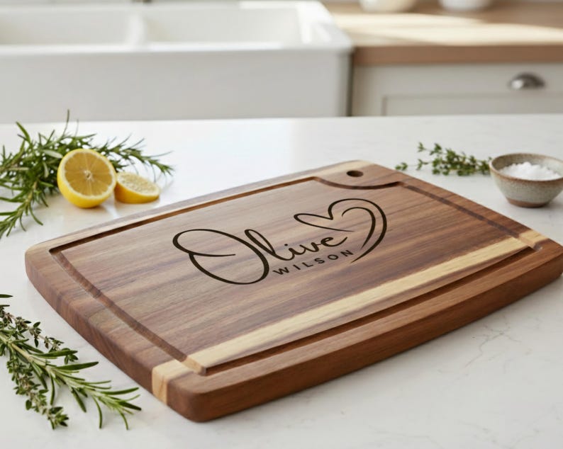 May include: A rectangular wooden cutting board with a juice groove and a hole for hanging. The board features the name "Olive Wilson" in a heart-shaped design. The board is surrounded by lemons, rosemary, and a small bowl of salt.