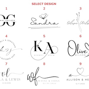 Puede incluir: Nueve opciones de dise&ntilde;o en caligraf&iacute;a negra se muestran sobre un fondo blanco. Los dise&ntilde;os incluyen iniciales, nombres y fechas, ideales para la personalizaci&oacute;n. El texto "SELECT DESIGN" est&aacute; en la parte superior.