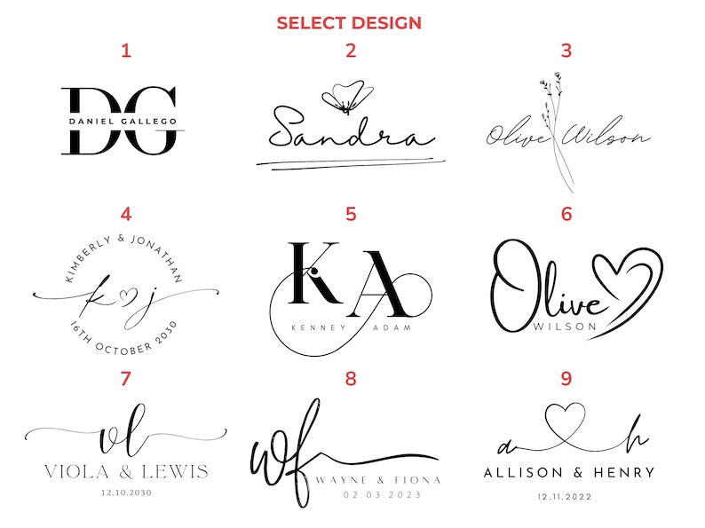 Puede incluir: Nueve opciones de dise&ntilde;o en caligraf&iacute;a negra se muestran sobre un fondo blanco. Los dise&ntilde;os incluyen iniciales, nombres y fechas, ideales para la personalizaci&oacute;n. El texto "SELECT DESIGN" est&aacute; en la parte superior.