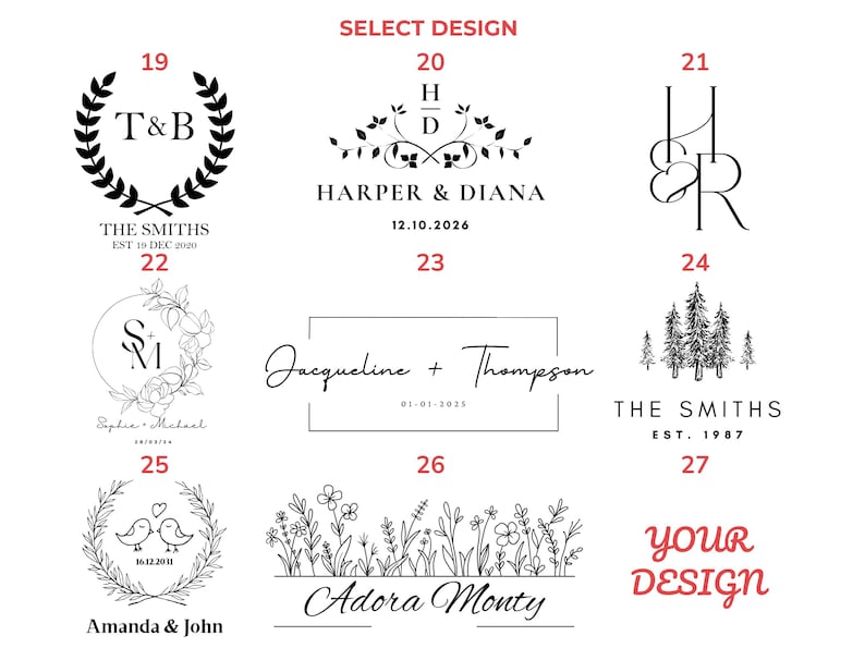 Puede incluir: Una selecci&oacute;n de opciones de dise&ntilde;o para art&iacute;culos personalizados. Los dise&ntilde;os incluyen iniciales, nombres, fechas, elementos florales y gr&aacute;ficos inspirados en la naturaleza. El texto incluye "THE SMITHS", "HARPER & DIANA", "Jacqueline + Thompson", "Adora Monty", y "Amanda & John".