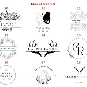 Puede incluir: Una selecci&oacute;n de opciones de dise&ntilde;o en blanco y negro para art&iacute;culos personalizados. Los dise&ntilde;os incluyen arreglos florales, nombres familiares y fechas. El texto incluye nombres como Trevor, May & Mike, The Tony's, Samira Hadid, Harper Family, The Duke Family, Mr. & Mrs. Stone, Charlotte & Ryan y Allison + Jeremy.