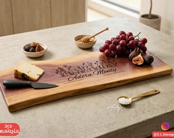 Live Edge Walnut and Olive Wood Charcuterie Board: Handcrafted Cheese Platter, Engraved Serving Board