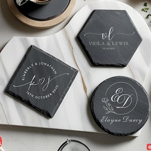 Personalized Slate Coaster Set Custom Name Engraved Drink Holder Bar Accessory Kitchen Counter Entertaining Essential Wedding Gift Idea Housewarming Present Anniversary Gift Modern Home Decor Rustic Table Protection Unique Host Gift Custom