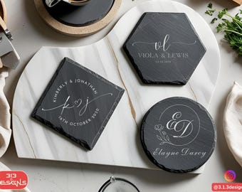 Custom Slate Coasters: Wedding Favor, Couple Gift, Home Bar Decor, Slate Stone Drink Protection Name Engraved