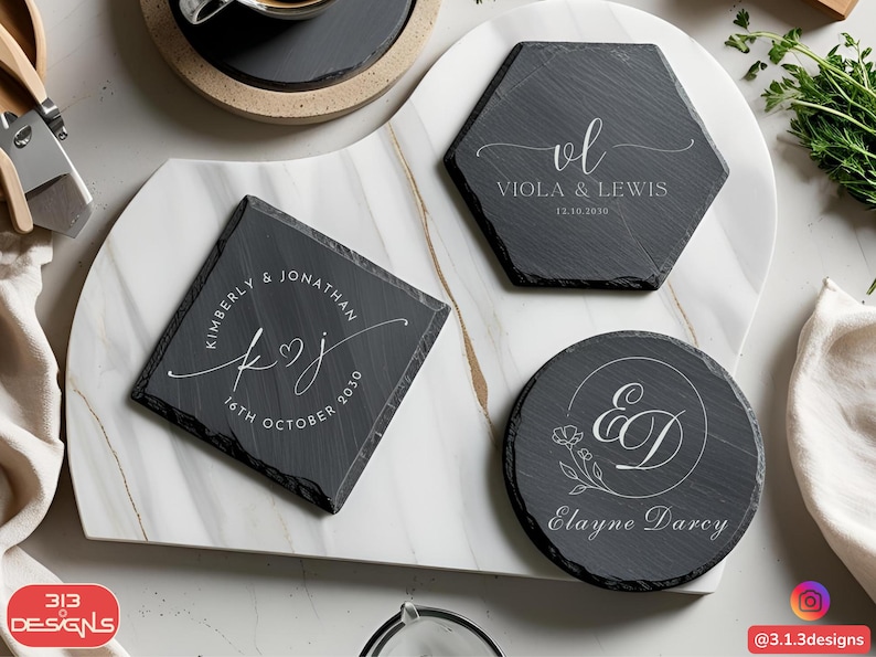 Personalized Slate Coaster Set Custom Name Engraved Drink Holder Bar Accessory Kitchen Counter Entertaining Essential Wedding Gift Idea Housewarming Present Anniversary Gift Modern Home Decor Rustic Table Protection Unique Host Gift Custom