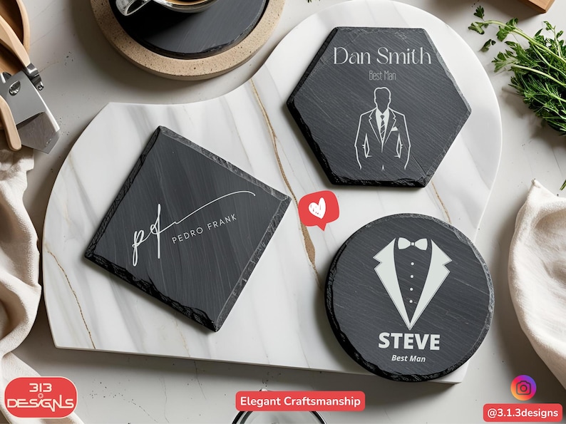 Custom Slate Coasters: Wedding Favor, Couple Gift, Home Bar Decor, Slate Stone Drink Protection Name Engraved image 13