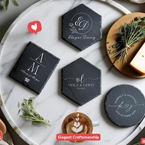 Slate Coaster Collection Hexagonal Round Square Shapes Dark Gray Material Light Engraving Custom Name Design Personalized Drink Holder Bar Cart Accessory Home Entertaining Essential Table Protection Set Wedding Gift Idea Housewarming