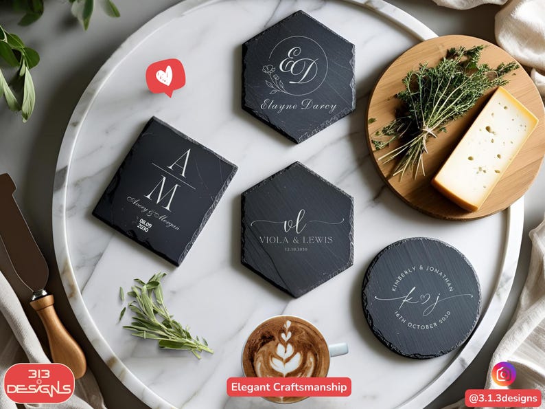 Slate Coaster Collection Hexagonal Round Square Shapes Dark Gray Material Light Engraving Custom Name Design Personalized Drink Holder Bar Cart Accessory Home Entertaining Essential Table Protection Set Wedding Gift Idea Housewarming