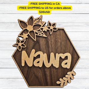 Custom Wood Floral Baby Name Sign, Custom Hexagonal Wall Floral Wall & Door Sign, Flower Garland Personalized Baby Girl Name, Wood 3D Sign