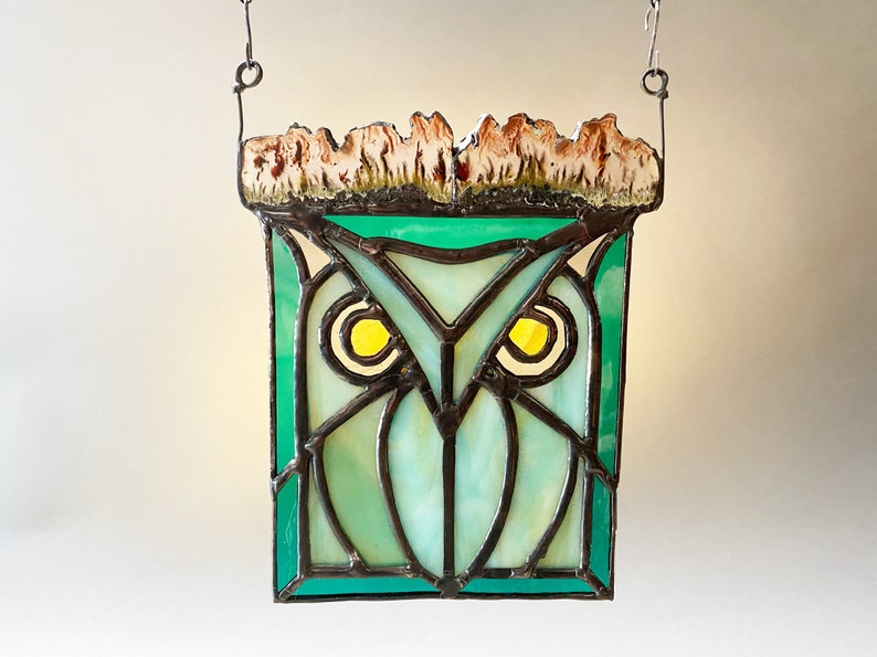 Suncatcher Green Moss Agate Stone, Stained Glass Owl