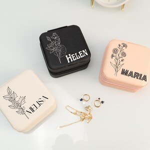 Engraved Birth Flower jewelery Box, Travel Jewelry Box, Birthday Gift, Bridal Party Gifts, Bridesmaid Gifts, Gift for her