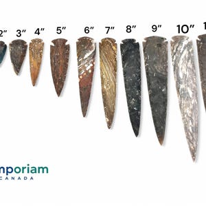 Puede incluir: Once puntas de flecha de piedra de varios tamaños, de 2,5 cm a 28 cm, dispuestas sobre un fondo blanco. Las puntas de flecha exhiben diversos colores y patrones, incluyendo marrón, gris y negro. La imagen incluye el logotipo de Gemporiam Canada.