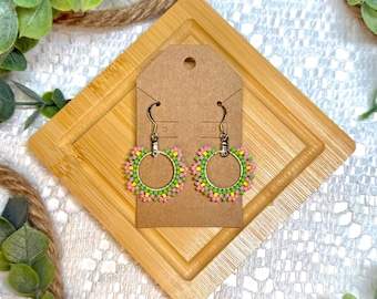 Flower Hoop Gold Beaded Earrings: Pink Primrose Flower