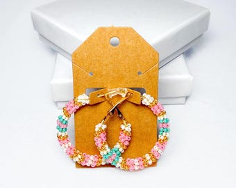 Gold Beaded Hoop Earrings: Pink, Turquoise & White Seed Bead Jewelry