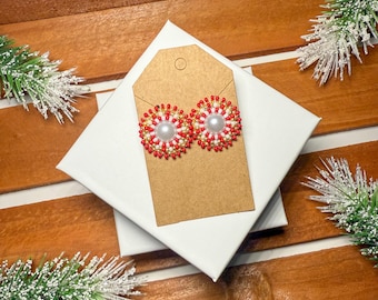 Beaded Stud Medallion Earrings | Christmas Colors | Gold Seed Bead Studs | Round Beaded Earrings | Native Made