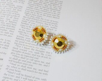 Beaded Medallion Stud Earrings: Desert Sands | Seed Bead Studs, Round Beaded Earrings, Native Made, Handmade