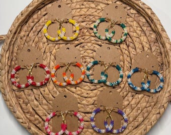 Handcrafted Seed Bead Hoop Earrings: Blossoms |Spiraling Design, Gold Hoops, Colorful, Beadwork