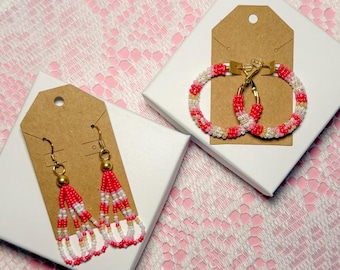 Beaded Earrings: Pink, Gold Seed Bead Hoop or Dangle, Valentines