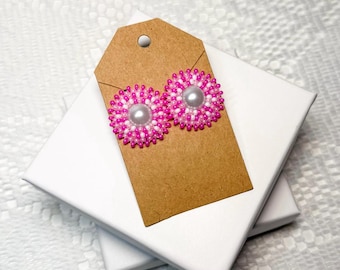 Pink Seed Bead Earrings: Handcrafted Medallion Stud Jewelry