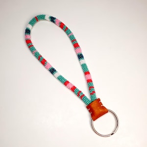 Handmade Seed Bead Wristlet Keychain: Native Style Beadwork Cotton Candy Sky
