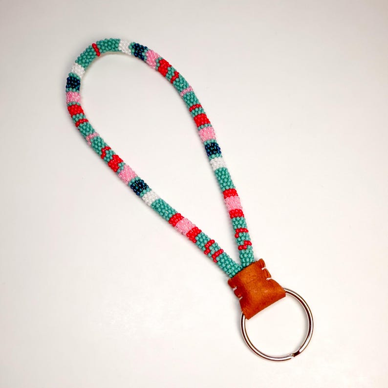 Handmade Seed Bead Wristlet Keychain: Native Style Beadwork Cotton Candy Sky
