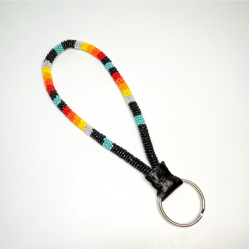 Handmade Seed Bead Wristlet Keychain: Native Style Beadwork Black Sunset