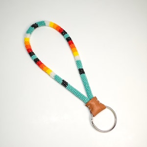 Handmade Seed Bead Wristlet Keychain: Native Style Beadwork Turquoise Sunset
