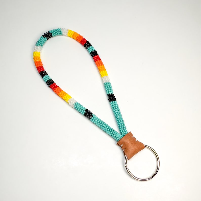 Handmade Seed Bead Wristlet Keychain: Native Style Beadwork Turquoise Sunset