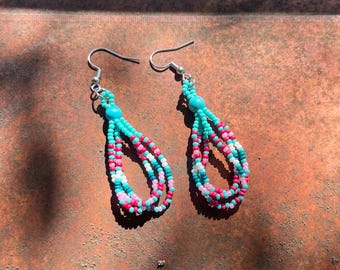 Beaded Dangle Earrings: Turquoise & Pink Seed Beadwork
