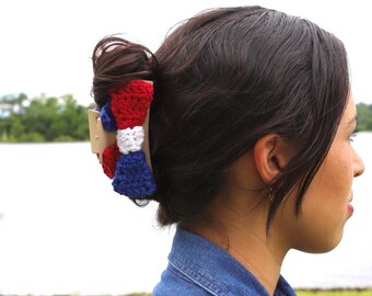 Crochet Claw Clip, Red White and Blue Bow, Patriotic, Hair Accessories