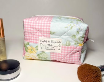 Handmade Quilted Makeup Bag | Floral Pastel & Pink Gingham, Bible Verse Patch Cosmetics boxy bag