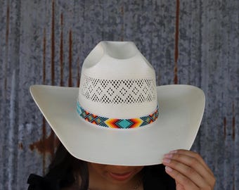 Handbeaded Diamond Arrow Hat Band: Native Style Cowboy Hat Accessory