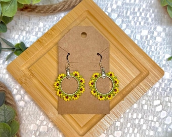 Flower Hoop Gold Beaded Earrings: Sunflowers