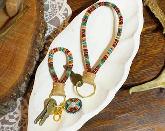 Beaded Wristlet and Keychain: Western Charm | Turquoise and Neutral, Native Beadwork, Handmade